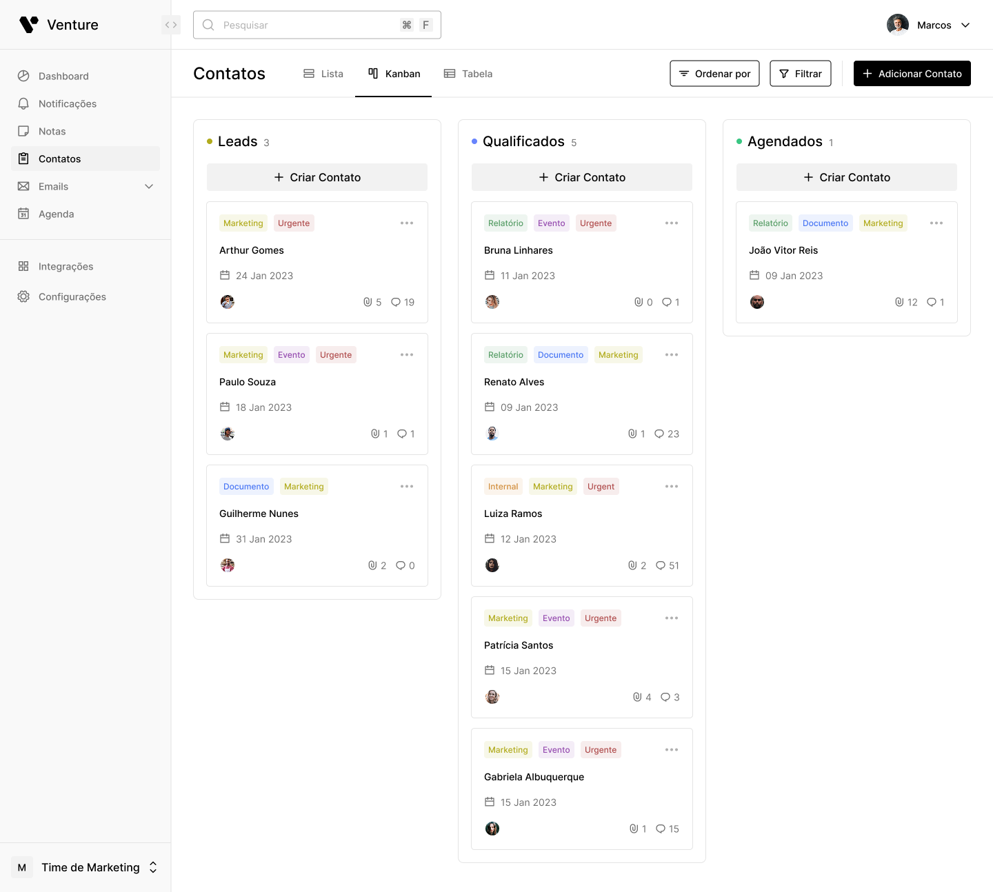 CRM da Rogue com quadro kanban de tarefas e contatos